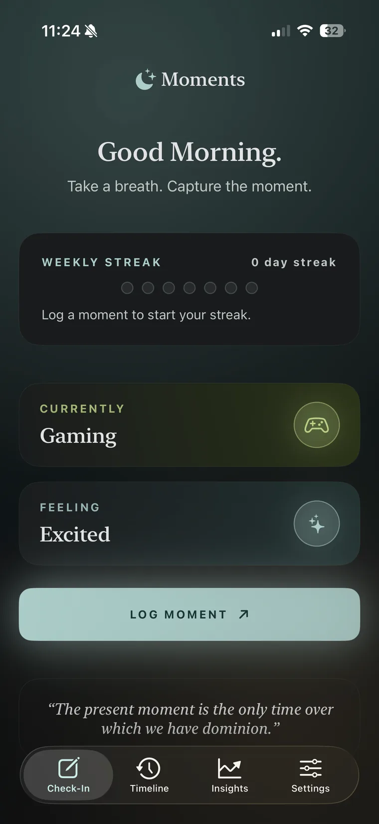 The same Check-In screen in the dark Midnight Serenity theme.