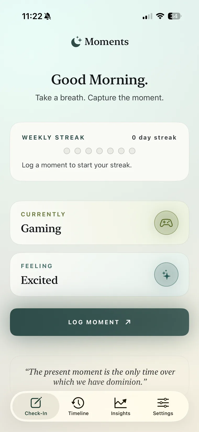 The Moments Check-In screen in the warm light theme.